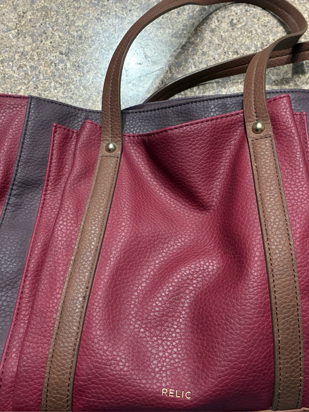 Relic Two-Tone Burgundy and Brown Pebbled Leather Tote
